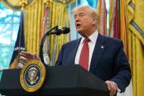 President Donald Trump speaks after David Perdue was sworn in as U.S. Ambassador to China durin ...