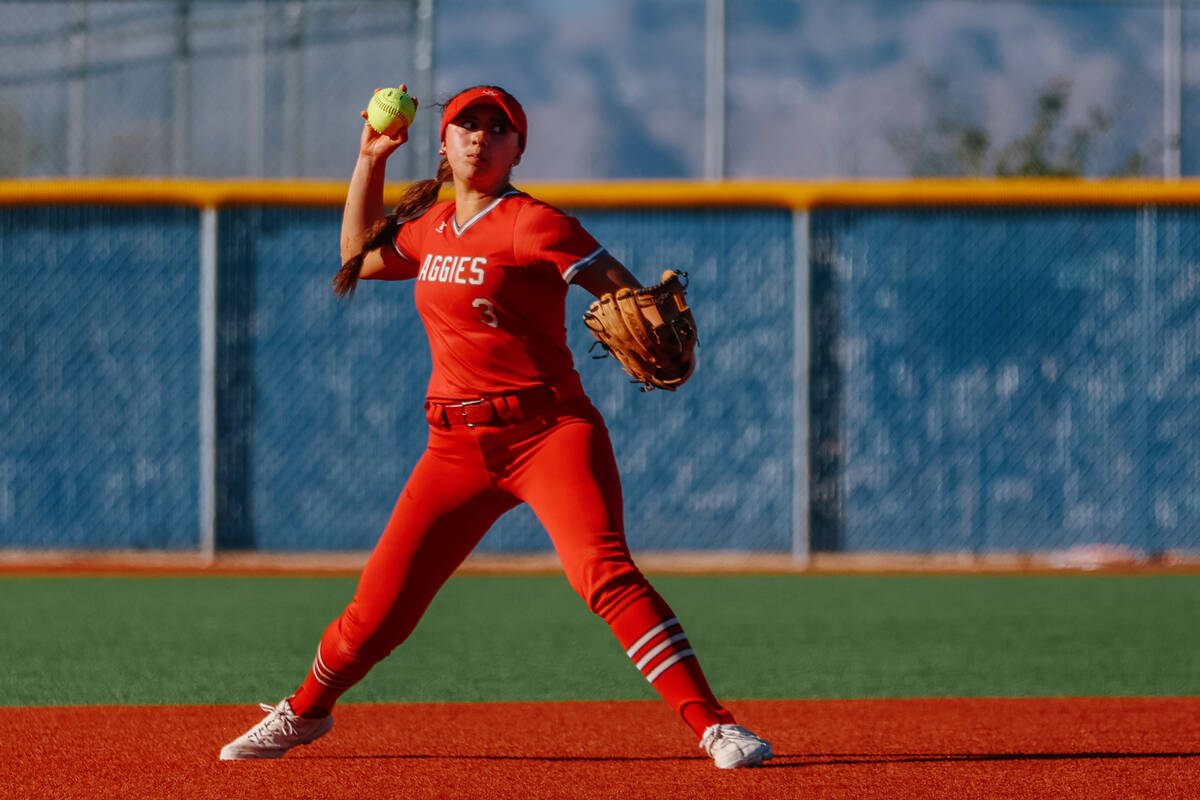 Arbor View infielder Madilyn Lowy (3) pivots to toss to first during the NIAA 5A Southern Regio ...