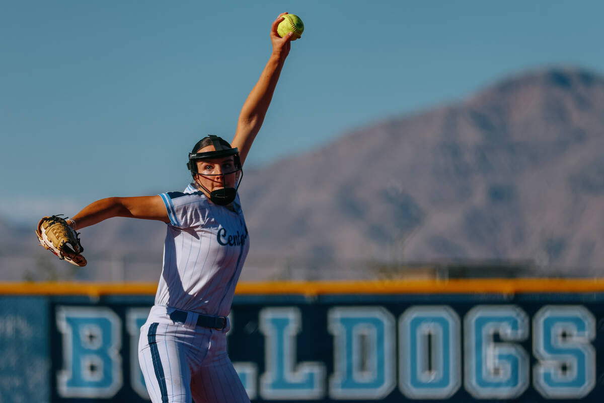 Centennial pitcher Lily Fournier (4) winds up a pitch against Arbor View during the NIAA 5A Sou ...