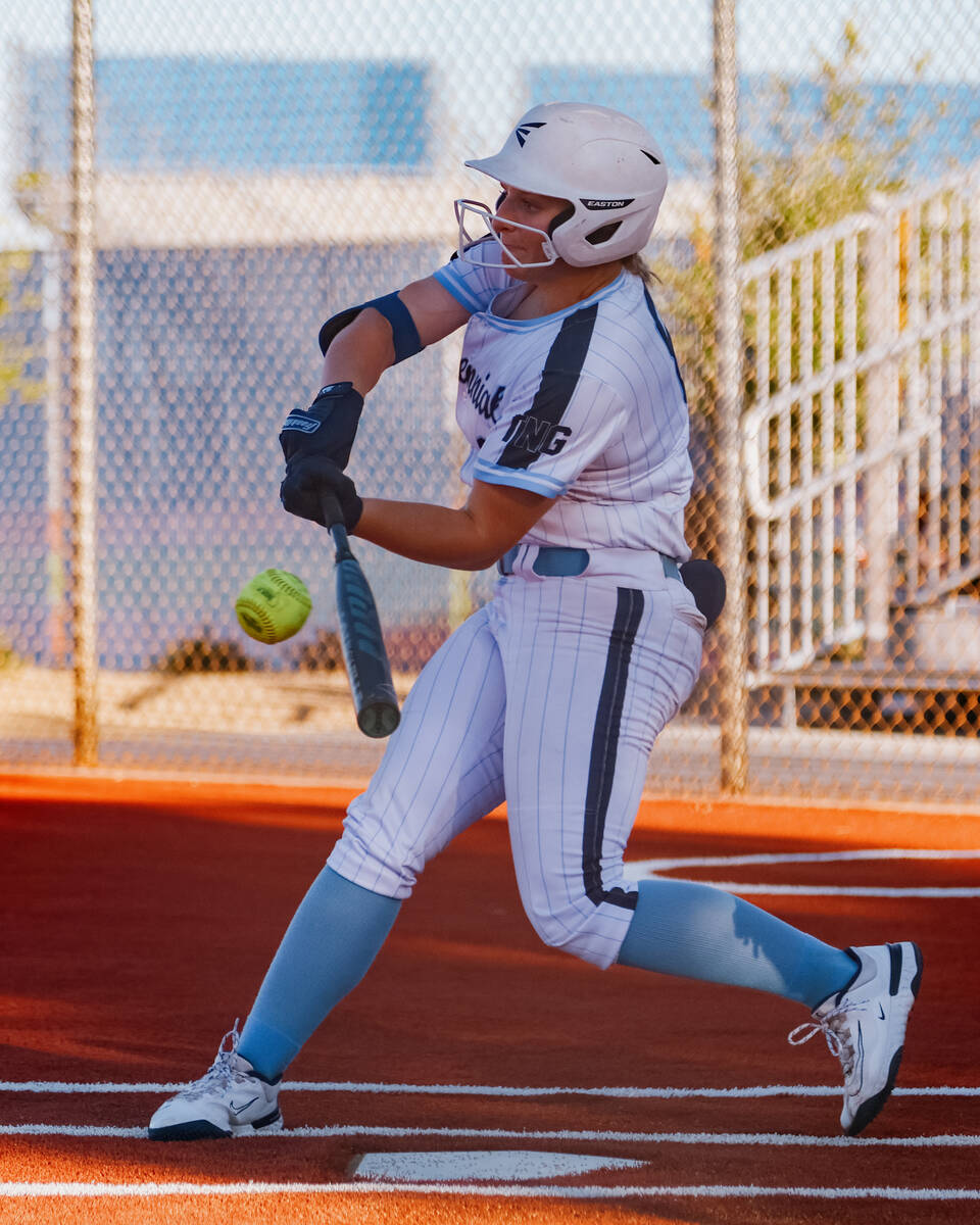 Centennial’s Sloane Merrell (8) connects with a pitch during the NIAA 5A Southern Region ...