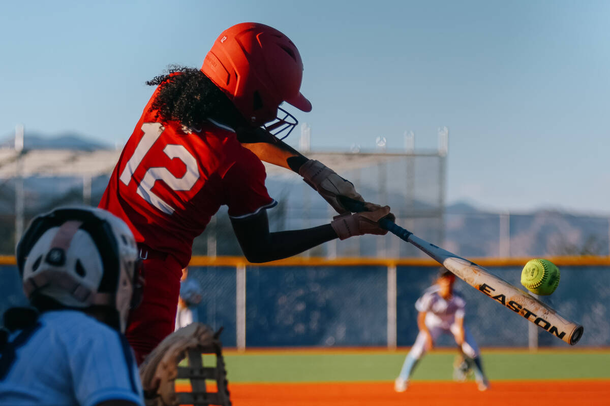 Arbor View’s Malaya Tellis (12) hits the ball during the NIAA 5A Southern Region semifin ...