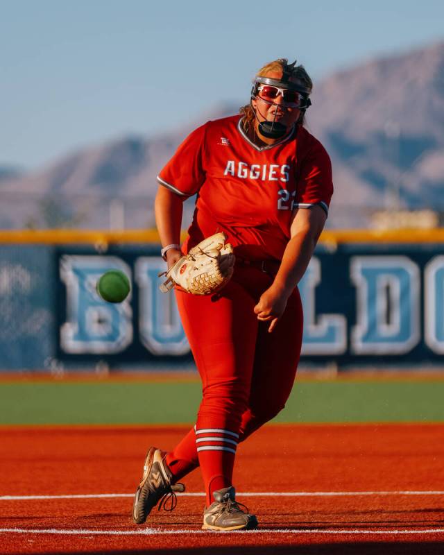 Arbor View pitcher Audrey Melton (22) releases a pitch against Centennial during the NIAA 5A So ...