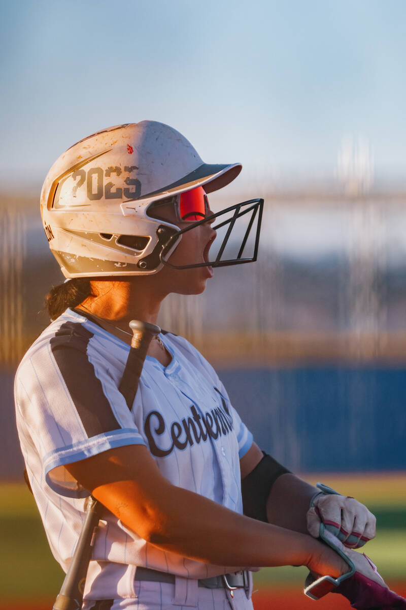 Centennial’s Amanda Campos-Colon (13) cheers on the current hitter while waiting on deck ...