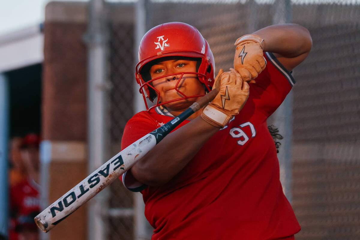 Arbor View’s Maliah Harrell (97) takes a few practice swings before stepping up to bat a ...