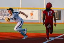Centennial first base Sloane Merrell (8) yells in celebration after putting out Arbor View&#x20 ...