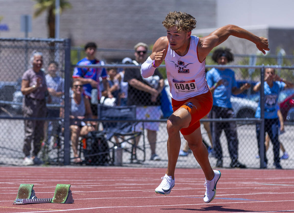 Legacy's Sylus West-Gaither (6049) leaves the block in the boys 400 meter dash during the Class ...