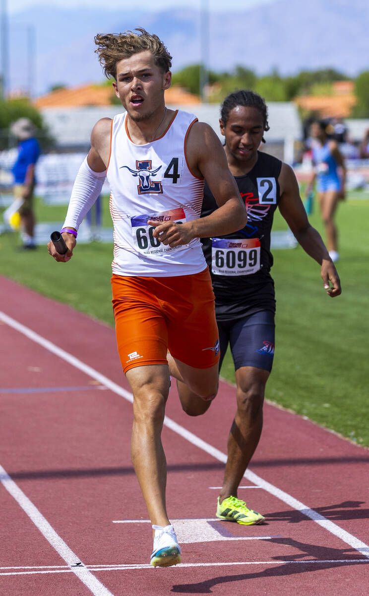 Legacy's Sylus West-Gaither (6049) and team win the boys 4x400 meter relay during the Class 5A ...