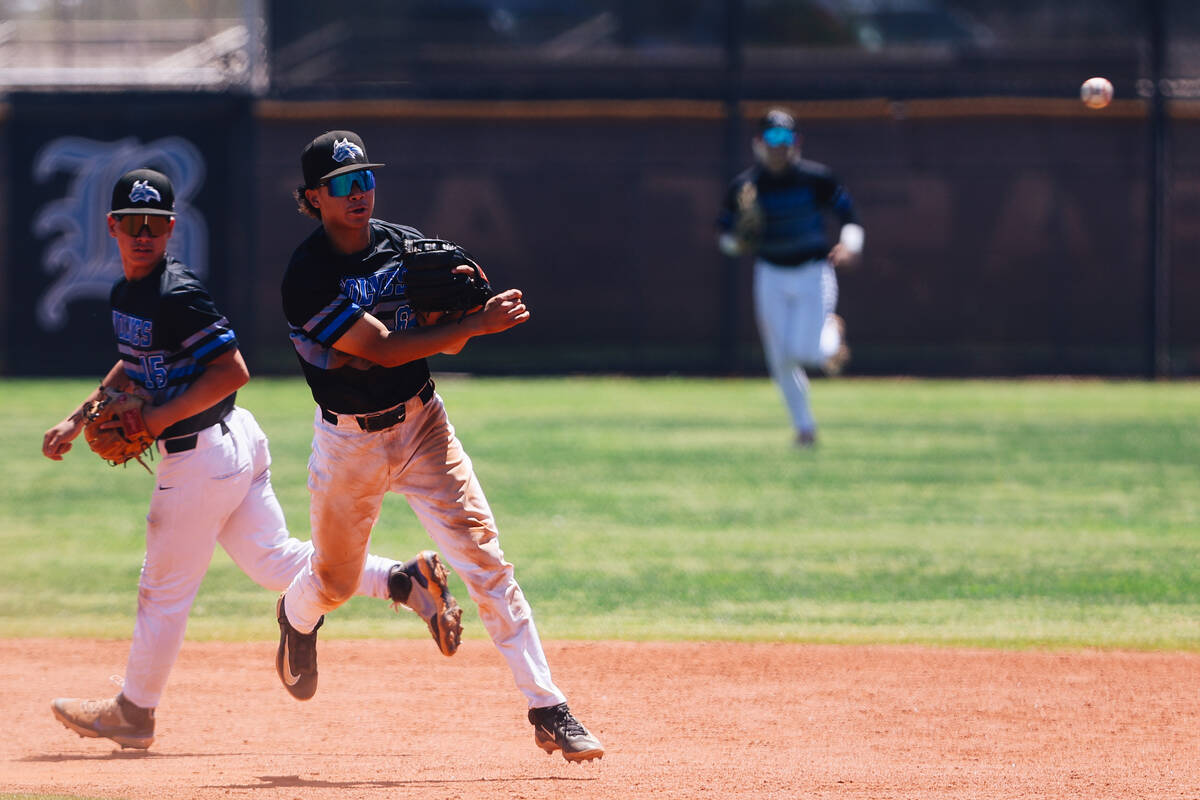 Basic outfielder Tate Southisene (8) throws the ball to a teammate during a 5A baseball Souther ...