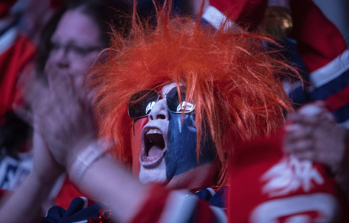 Fans cheer as the Vegas Golden Knights and the Edmonton Oilers take to the ice before Game 3 of ...