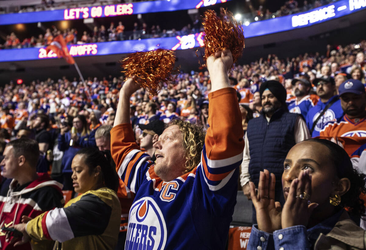 Fans cheer as the Vegas Golden Knights and the Edmonton Oilers take to the ice before Game 3 of ...