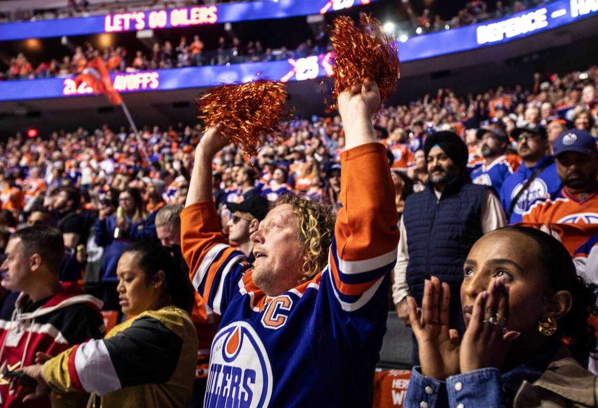 Fans cheer as the Vegas Golden Knights and the Edmonton Oilers take to the ice before Game 3 of ...