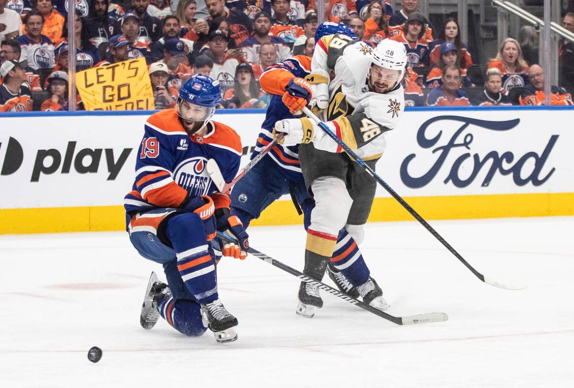 Vegas Golden Knights' Tomas Hertl (48) has his shot blocked by Edmonton Oilers' Adam Henrique ( ...