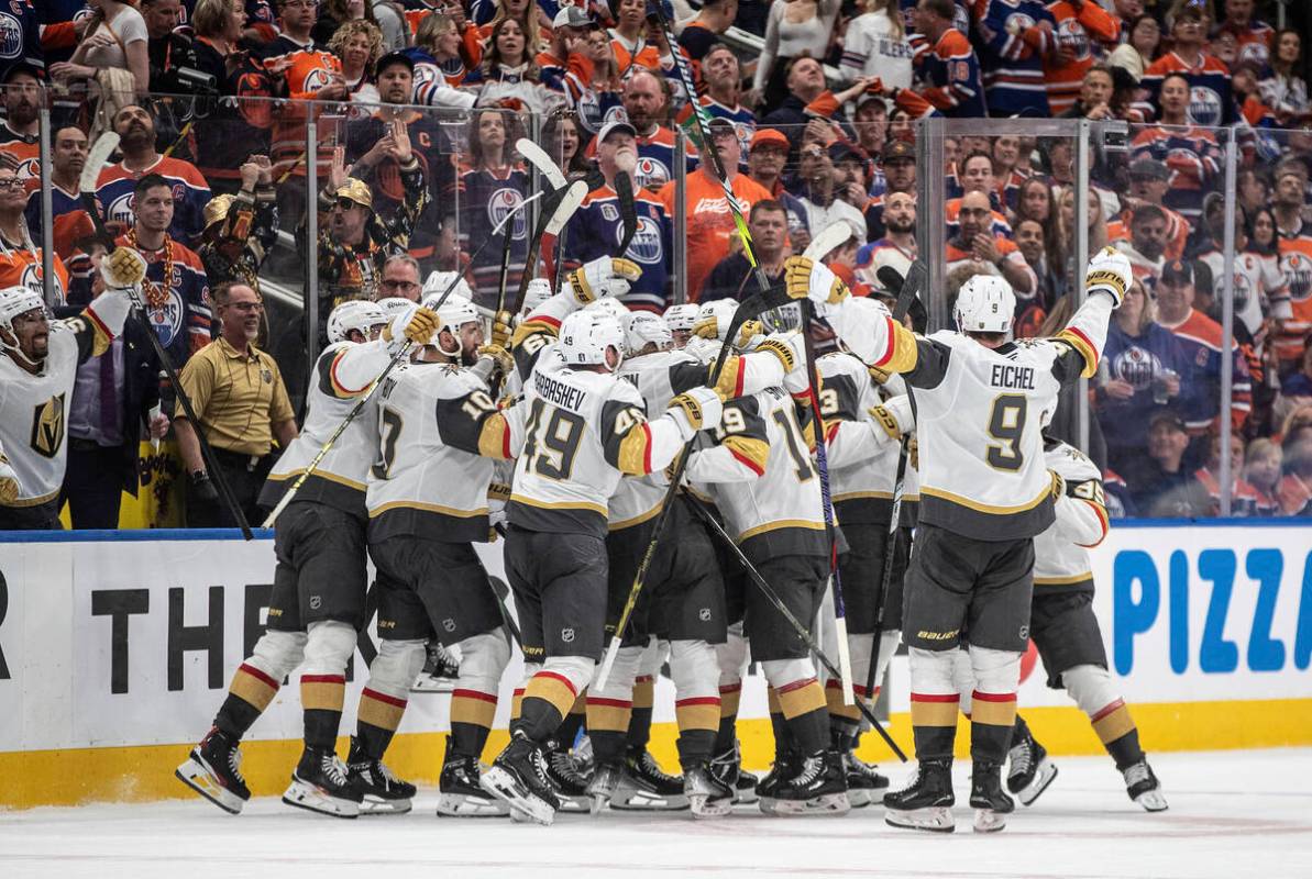 Vegas Golden Knights celebrate after a win over the Edmonton Oilers in Game 3 of a second-round ...