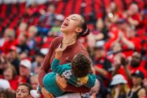 Los Angeles Sparks forward and former Las Vegas Aces player Dearica Hamby cheers for the Lady R ...
