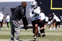 Raiders Darien Porter (26) runs with the ball during the 2025 rookie mini camp at the Intermoun ...