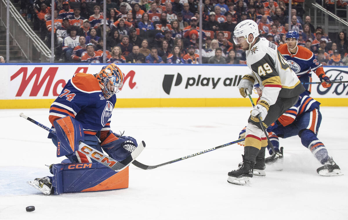 Vegas Golden Knights' Ivan Barbashev (49) is stopped by Edmonton Oilers goalie Stuart Skinner ( ...