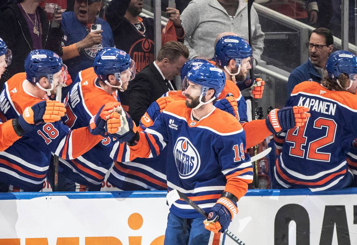 Edmonton Oilers' Adam Henrique (19) celebrates after a goal against the Vegas Golden Knights du ...