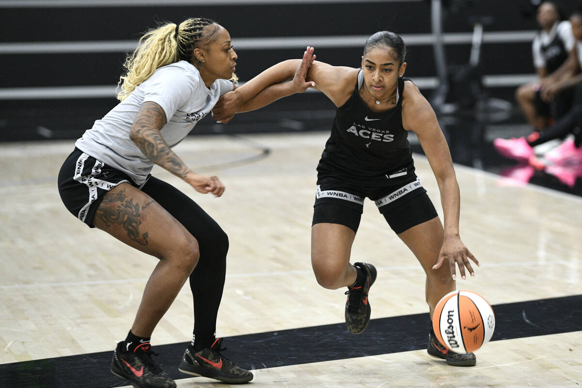 Tiffany Mitchell guards Deja Kelly during the Las Vegas Aces first day of training camp Sunday, ...