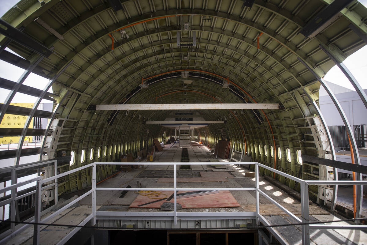 The interior of a decommissioned Boeing 747 fuselage is seen during a tour of Area15’s ...