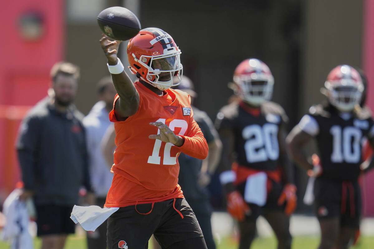 Cleveland Browns quarterback Shedeur Sanders (12) passes during the NFL football team's rookie ...