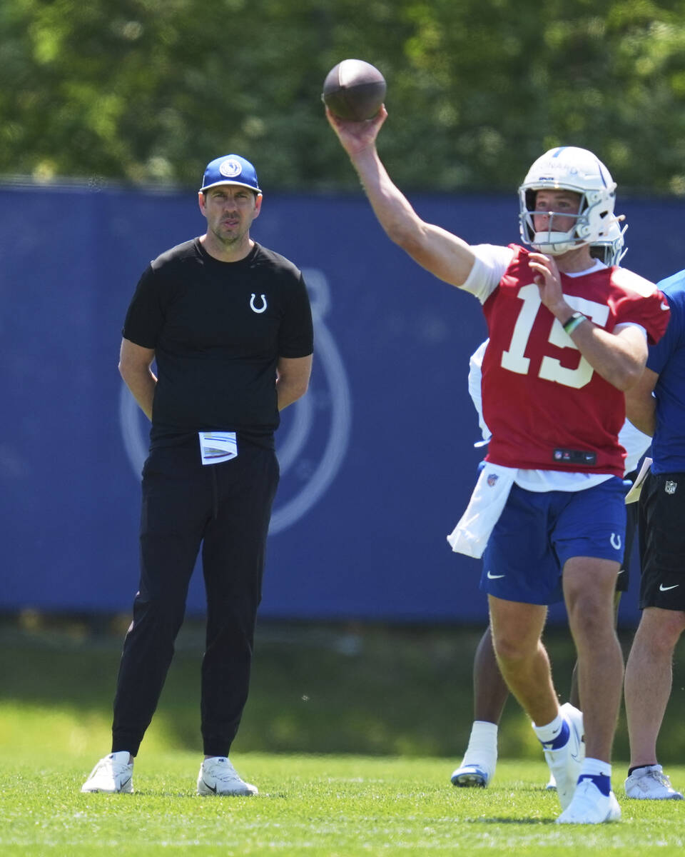 Indianapolis Colts head coach Shane Steichen watches as quarterback Riley Leonard (15) throws d ...