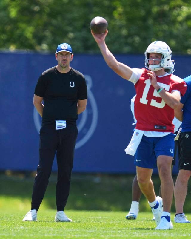 Indianapolis Colts head coach Shane Steichen watches as quarterback Riley Leonard (15) throws d ...