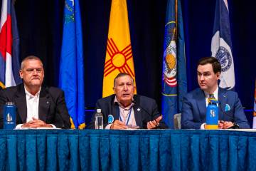 (From left) John Entsminger for Nevada looks on as Tom Buschatzke of Arizona speaks, joined by ...