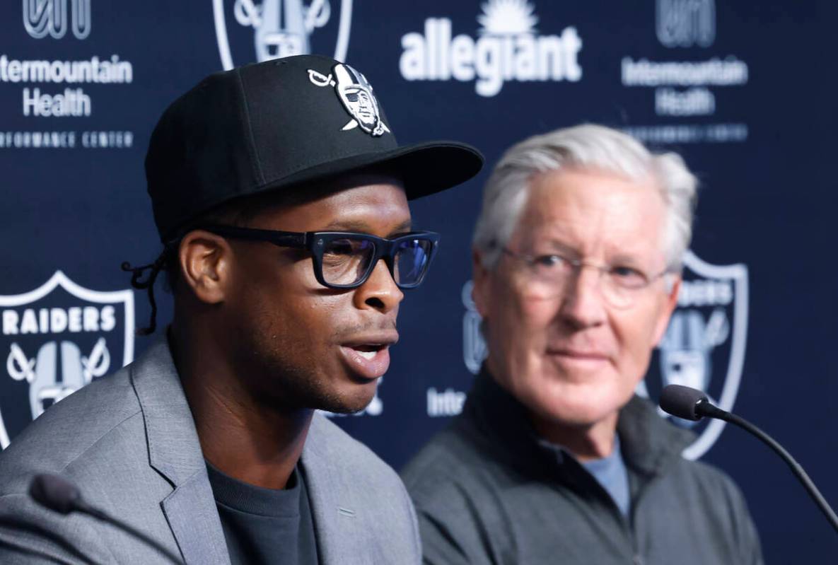 Geno Smith speaks after being introduced to a media as new Raiders quarterback as head coach Pe ...