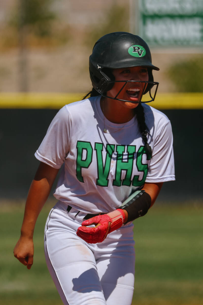Palo Verde’s Makayla Enriquez (17) cheers for a teammate at bat from third base during t ...