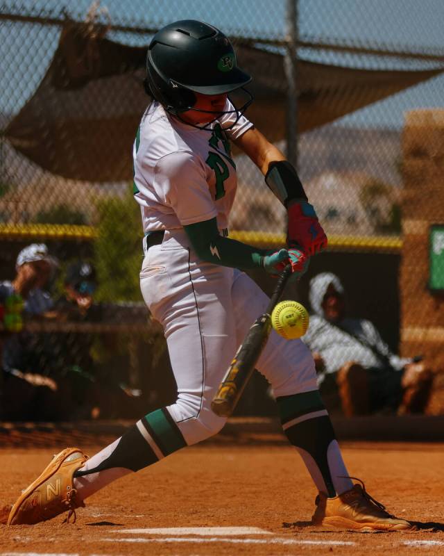 Palo Verde’s Ava Cruz (5) hits a pitch during the NIAA 5A Southern Region final softball ...