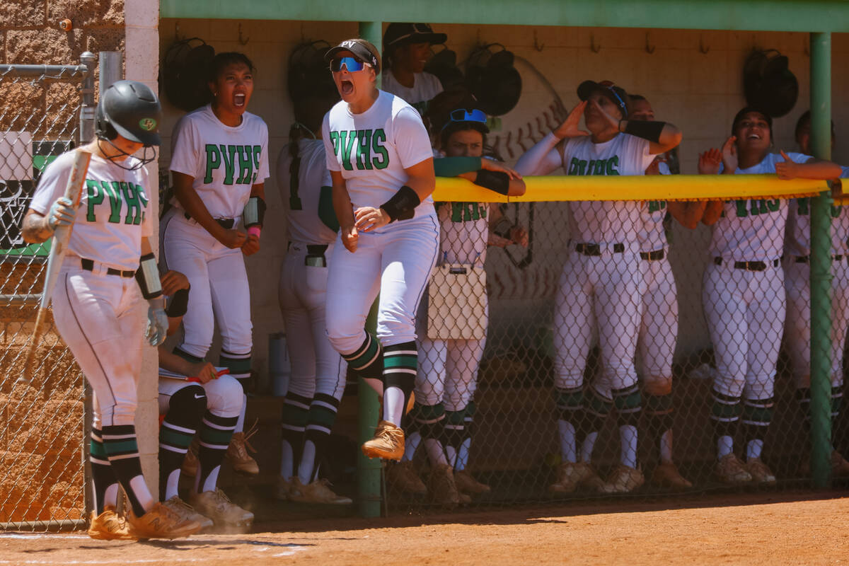 Palo Verde’s dugout cheers for a teammate at bat during the NIAA 5A Southern Region fina ...