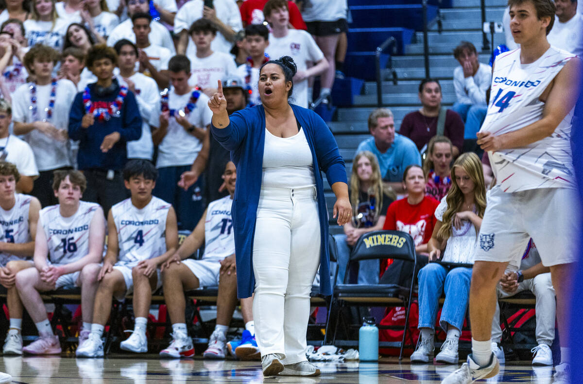 Coronado head coach Jazlynn Mau instructs her players as the battle Palo Verde during the 5A bo ...