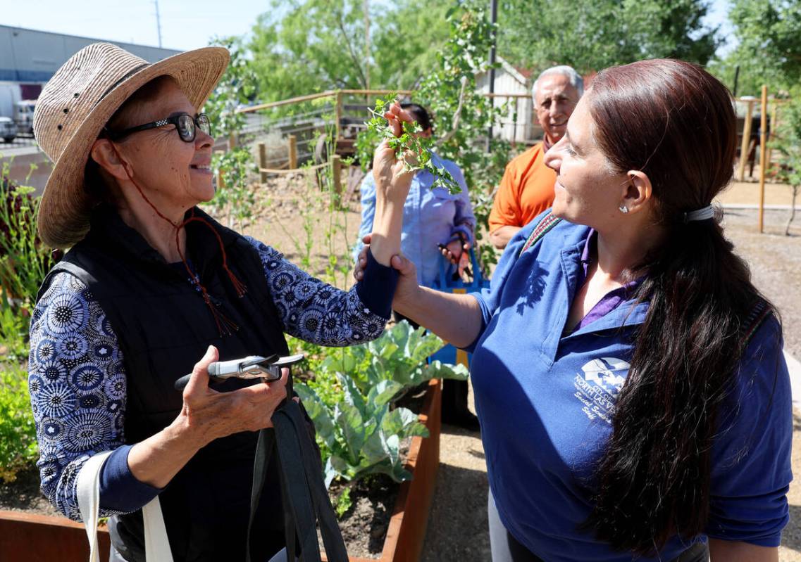 Blanca Escobedo, left, shows fitness instructor Janet Mantilla her find as seniors from the Nei ...