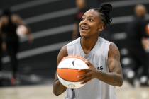 Jewell Loyd takes a shot during the Las Vegas Aces first day of training camp Sunday, April 27, ...