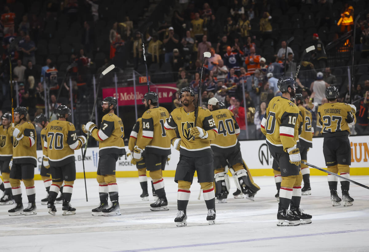 Golden Knights players acknowledge their fans after losing to the Edmonton Oilers in overtime i ...