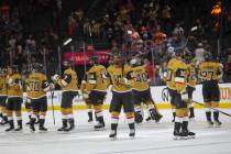 Golden Knights players acknowledge their fans after losing to the Edmonton Oilers in overtime i ...