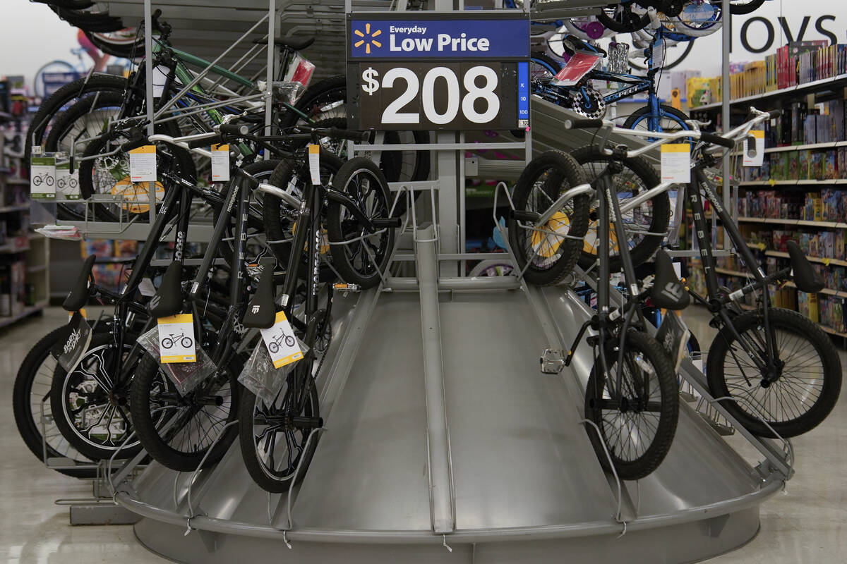 Bicycles are displayed at a Walmart, Wednesday, April 16, 2025, in Groton, Conn. (AP Photo/Juli ...