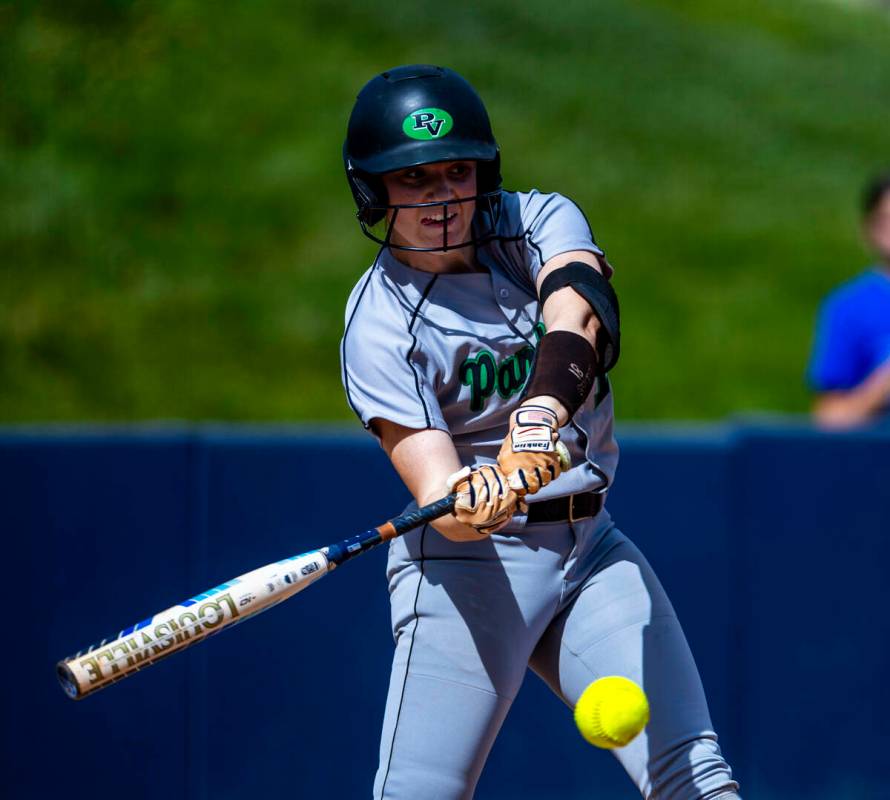 Palo Verde batter Mya Bartlett (18) connects with a pitch by Reed during day one of the 5A soft ...
