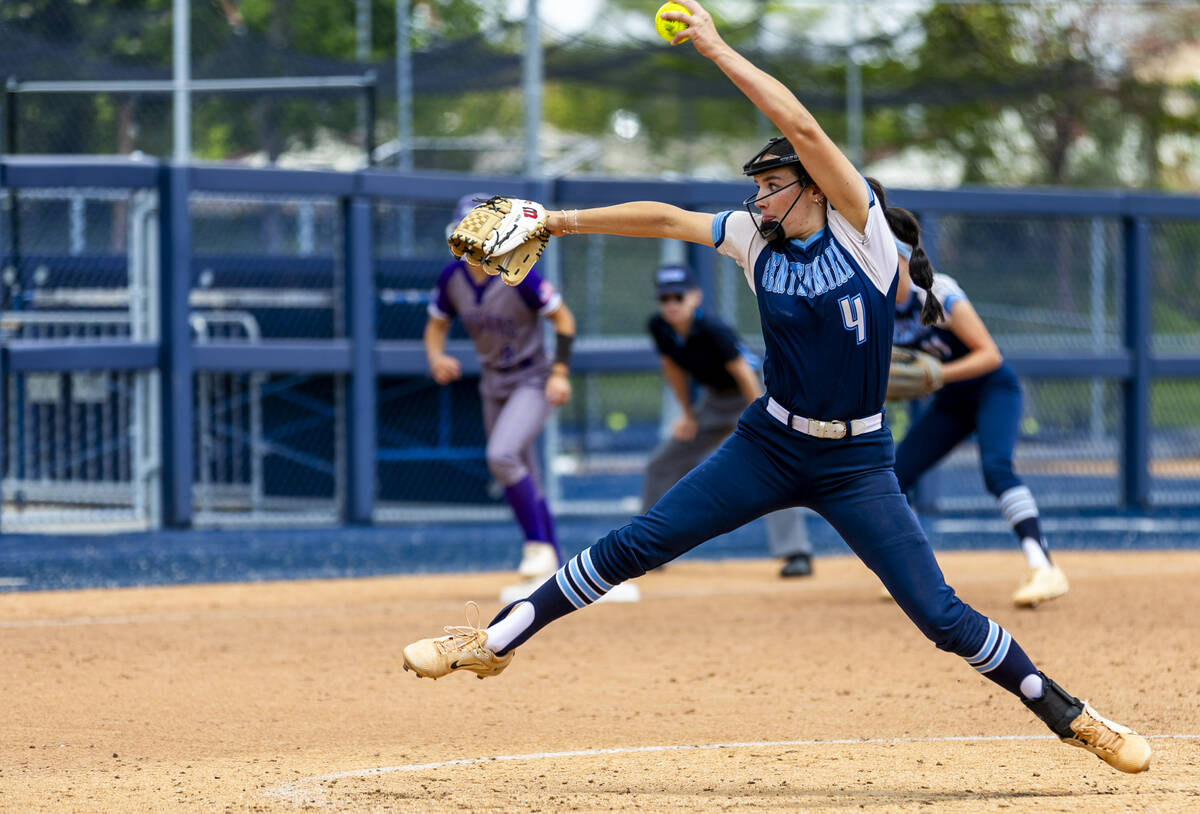 Centennial pitcher Lily Fournier (4) winds up against Spanish Springs during day one of the 5A ...