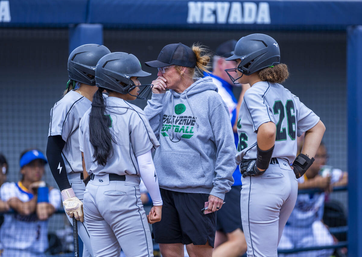Palo Verde head coach Kelly Glass talks with her player in a timeout against Reed during day on ...
