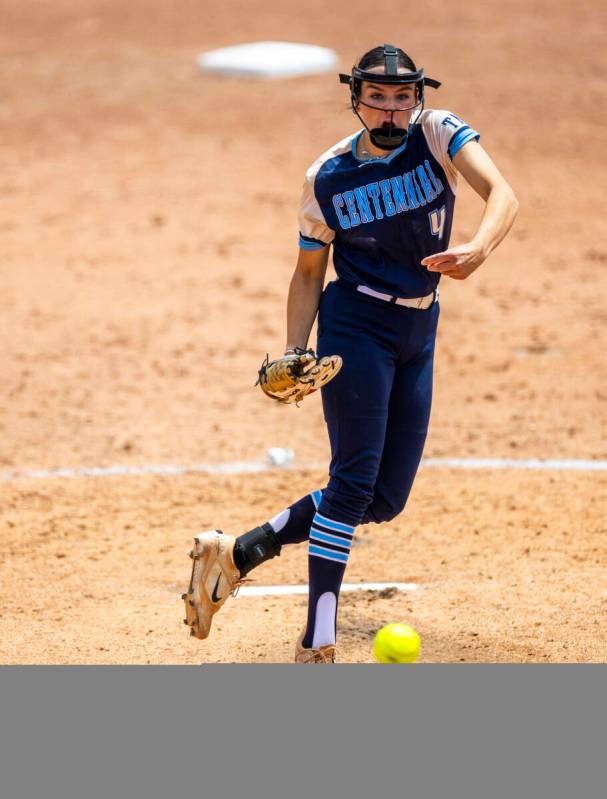 Centennial pitcher Lily Fournier (4) releases a pitch against Spanish Springs during day one of ...