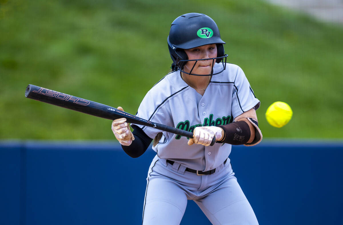 Palo Verde batter Haley Kearnes (8) eyes a Reed pitch for a possible bunt during day one of the ...