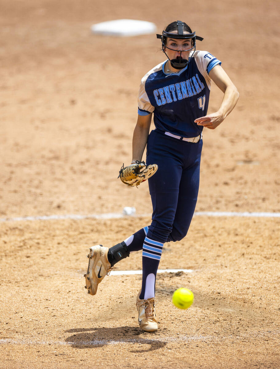 Centennial pitcher Lily Fournier (4) releases a pitch against Spanish Springs during day one of ...