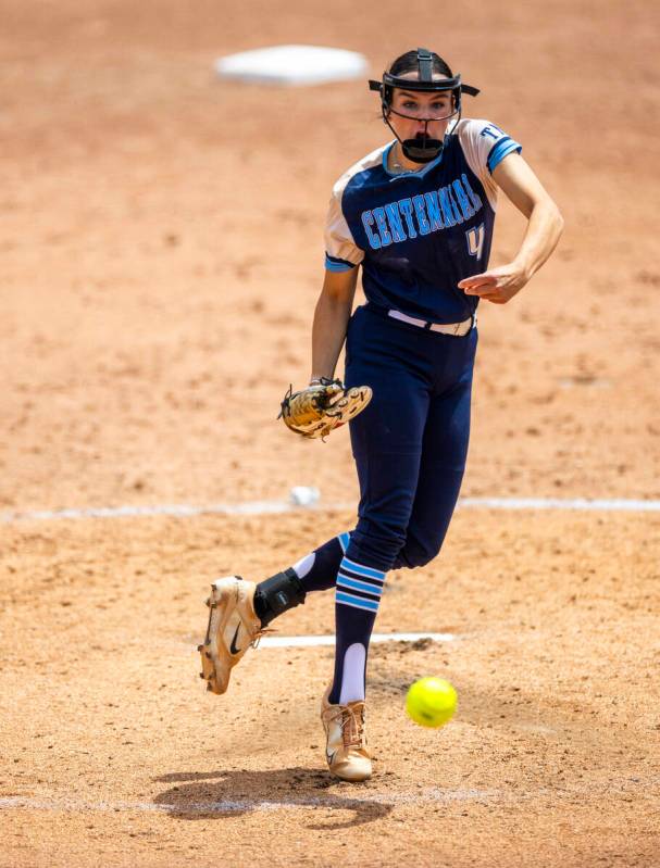 Centennial pitcher Lily Fournier (4) releases a pitch against Spanish Springs during day one of ...