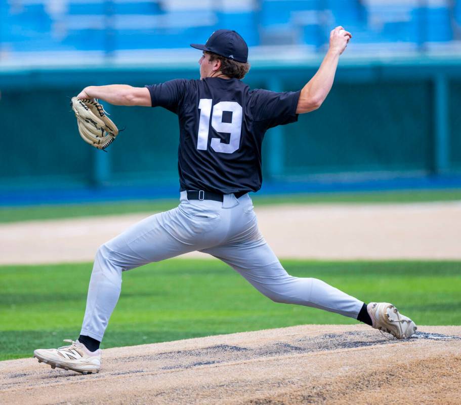 Faith Lutheran pitcher Jordan Watkins (19) winds up against Bishop Manogue during day one of th ...
