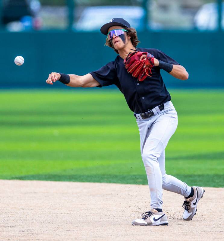 Faith Lutheran infielder Eli Leone (3) makes a throw against Bishop Manogue during day one of t ...
