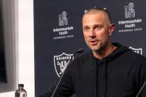 Raiders general manager John Spytek answers questions during a news conference following the se ...