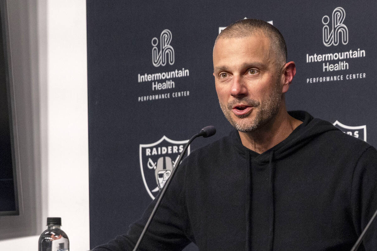 Raiders general manager John Spytek answers questions during a news conference following the se ...