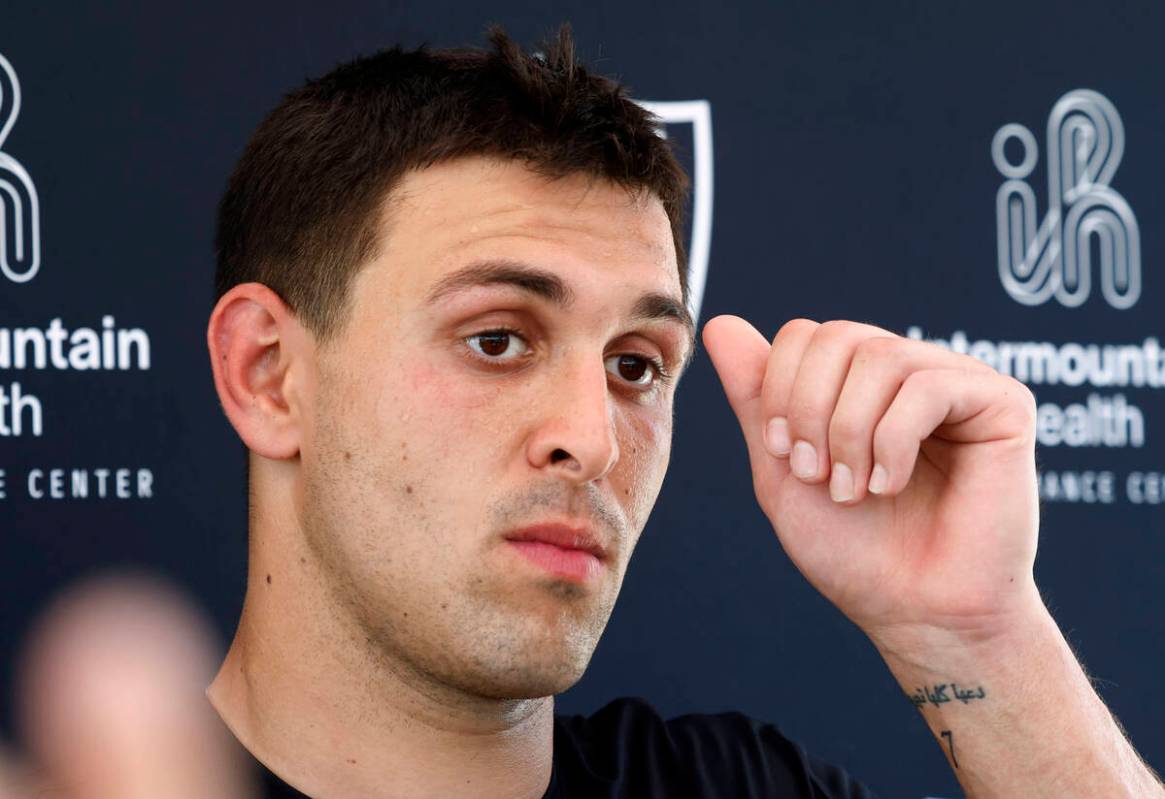 Raiders wide receiver Jack Bech pauses as he addresses the media after participating in the Rai ...