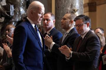 Speaker of the House Mike Johnson, R-La., House Minority Leader Hakeem Jeffries, D-N.Y. and oth ...